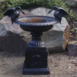 Best Cast Iron Swans Large Urn & Pedestal - Black Outdoor Furniture